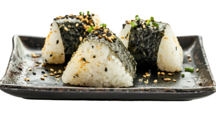 Deliciously arranged sushi rice balls garnished with sesame seeds and chives, isolated on white background
