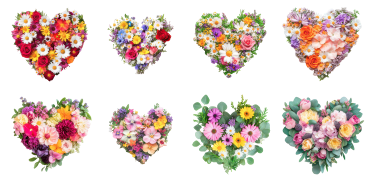 Floral Hearts: An array of vibrant floral arrangements meticulously crafted into heart shapes, symbolizing love, beauty, and the delicate wonders of nature.