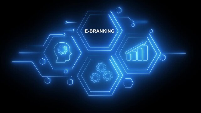 Abstract neon Hud knowledge ability business gear icon Glowing neon line concept. Glowing "E-BANKING " button in German on a futuristic, abstract wave technology on black background.