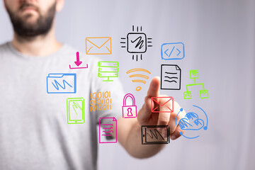 Hand interacting with digital icons representing data, cloud computing, network, and communication.