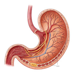 Detailed illustration of human stomach isolated on white background, showing internal anatomy and structure for