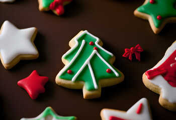 Festive Christmas Cookies with Holiday Decorations and Brown Background Perfect for Festive Season