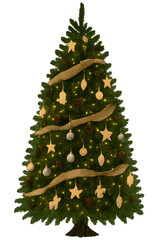 Decorated Christmas Tree with Golden Ornaments and Lights on White Background