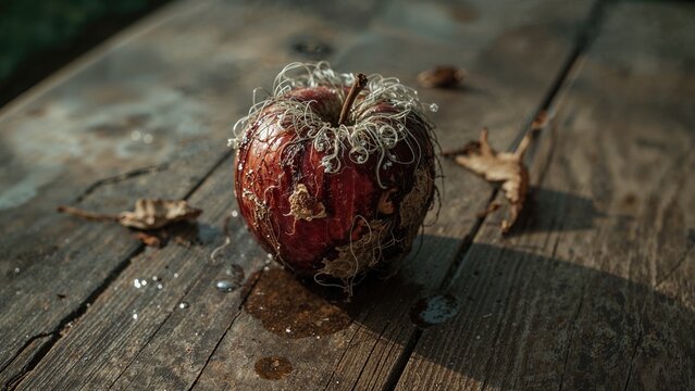 Red Wilted Rotten Apple On A Table with Bacteria Infected Rotten Fruit