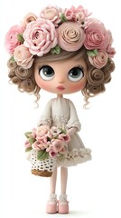 Flower-Crowned Enchantment: A doll, adorned with a crown of flowers and a basket, invites you into a world of delicate charm and innocent joy. It's a portrayal of elegance and beauty.