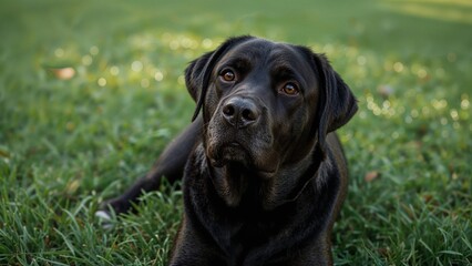 Black Labrador Mix senior dog resting on green grass in backyard