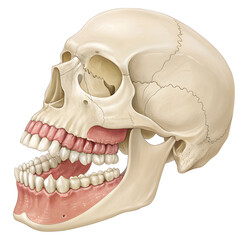 Detailed illustration of human teeth with full upper and lower jaw, isolated on white background, for medical