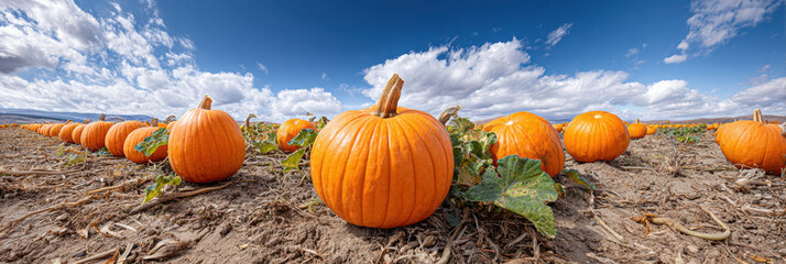 Bountiful orange pumpkin patch on farm ready for autumn harvest. beautiful agricultural field under blue sky with white clouds feeling peaceful and festive