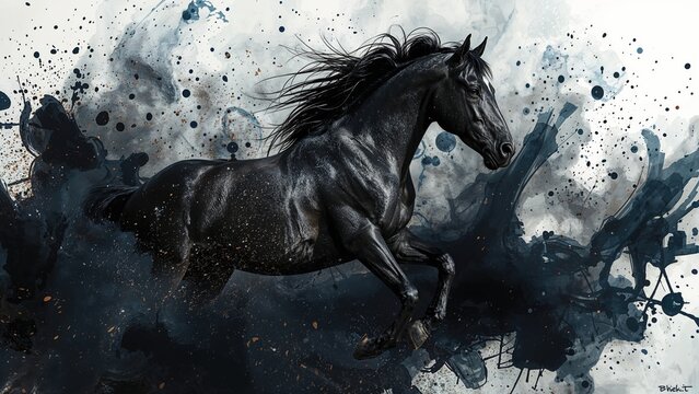 A moving black stallion on a background of black dust clubs