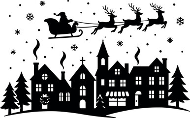 Vector santa sleigh flying over church, snowman, deer and trees with moon and stars in winter