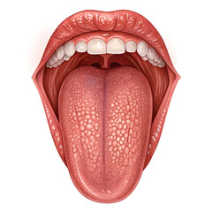 Detailed illustration of human tongue isolated on white background, showing muscular structure and surface anatomy for medical