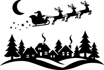 Vector silhouette of santa in sleigh with reindeer flying over a village under a crescent moon