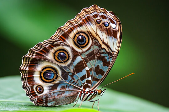 A close-up of a butterfly wing that has eye-like patterns in pairs