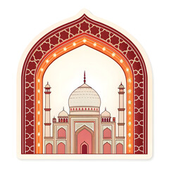 Islamic arch with glowing outline in sticker style, symbolizing tradition, culture, and spirituality, isolated on a clean