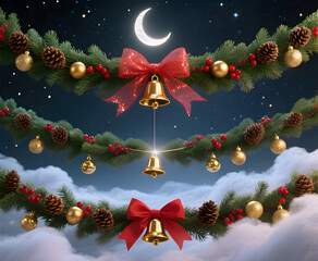 Festive Holiday Garland with Golden Bells Red Bows and Pinecones in a Winter Night Sky