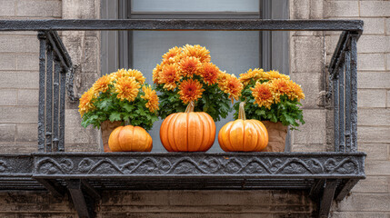 Charming autumn balcony decoration with festive orange pumpkin and flower arrangement. This seasonal fall display on city building creates cozy and welcoming view