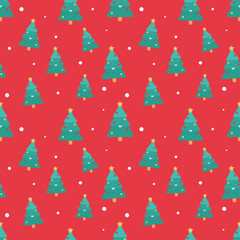 Cozy Christmas Seamless Pattern Vector: Simple Merry Pine Trees with Ornaments. Red Flat Design for Holiday Fabric, Wrapping Paper, and Festive Background.