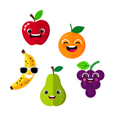 Cute fruits funny faces happy food characters