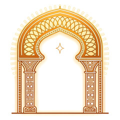 Islamic arch with glowing outline in sticker style, symbolizing tradition, culture, and spirituality, isolated on a clean