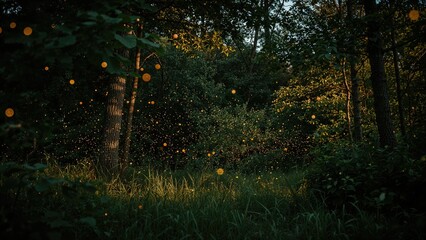 Obraz premium Fireflies flying in the forest at dusk.