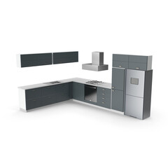 Grey modular kitchen cupboards with built-in appliances