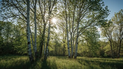 Obraz premium Summer birch grove with sunlight filtering through the trees.