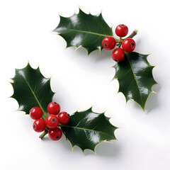 Festive Holly Sprigs with Red Berries on White Background for Christmas Holiday Season Decorations and Greeting Cards