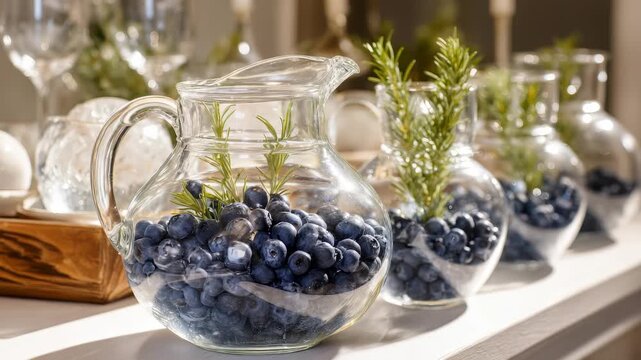 Row glass pitchers filled with fresh blueberries, sprigs rosemary sits on bright table, creating vibrant, refreshing summer display. Natural light enhances vivid colors, elegant arrangement