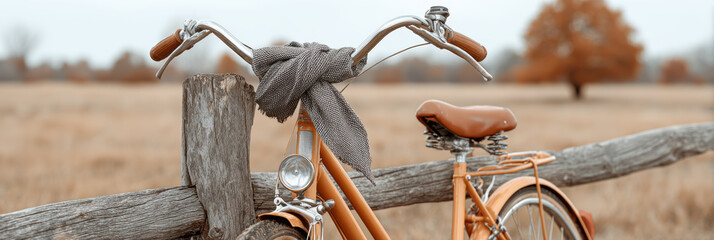 Nostalgic vintage bicycle leaning on wooden fence in peaceful outdoor park. quiet autumn day in golden field, creating serene and calm transportation scene