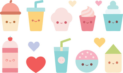 Cute pastel sweet drink icons vector bundle kawaii style for adorable designs
