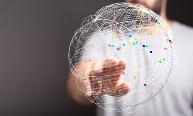 Person interacting with a digital world map, concept for internet, communication, technology, and global connections. Representing the future an