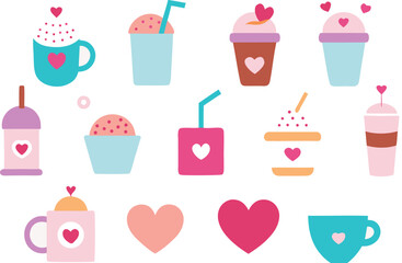 Cute pastel valentine drink icons vector illustration set scalable eps