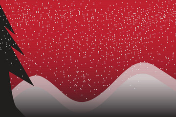 Winter Snowfall Landscape with Red Sky and Snowy Hills in the Foreground