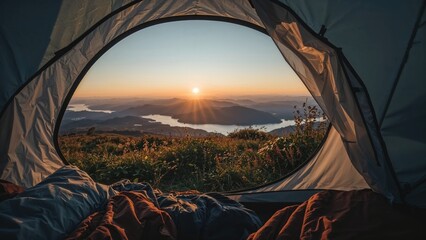 View from the tent on the mountains, meadow, herbs, flowers, early in the morning when the sun rises. Camping equipment including a sleeping bag and pillow. Tent. Background.