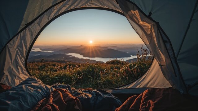 Fototapeta View from the tent on the mountains, meadow, herbs, flowers, early in the morning when the sun rises. Camping equipment including a sleeping bag and pillow. Tent. Background.