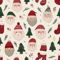 Cheerful Santa Pattern: Repeating Design with Cute Santa Faces and Hats.