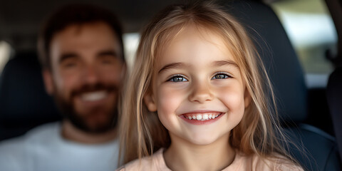 A young girl, full of life and beaming with joy, sits happily in a car, her father smiling softly in the background, ready for a great ride. Family time on wheels!