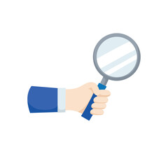 Business concept vector of hand holding magnifying glass for analysis, search, research, data inspection, focus or investigation theme in flat modern style illustration.
