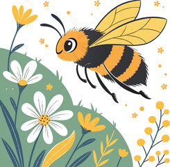 Obraz premium Colorful Honeybee Illustration in Flight Above Bright Yellow Flowers. eps