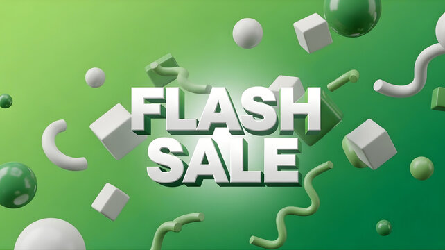 Abstract 3D "FLASH SALE" Text with Floating Geometric Shapes on Green Gradient Background