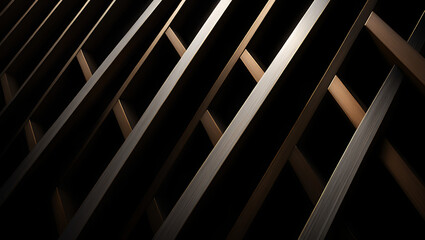 Dynamic abstract pattern of intersecting diagonal lines with reflective surfaces against a dark background, creating a modern architectural detail.
