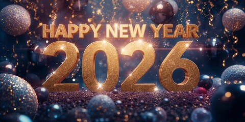 Happy New Year 2026: Glittering Golden Typography with Festive Ornaments, Gifts, and Red & Gold Celebration Decor