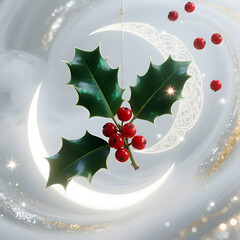 Holly Berry Branch with Red Berries and Crescent Moon Illustration for Festive Holiday Season
