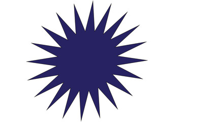 A dark blue starburst shape with many sharp points on a white background in the upper left corner