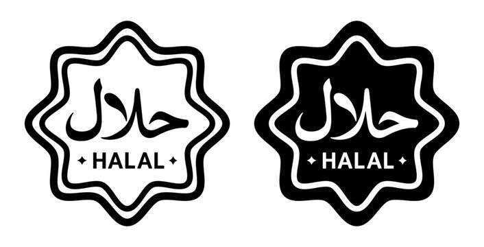 Halal icons and logos featuring octagonal seals for food, drinks and products certified according to Islamic standards. Vector illustration