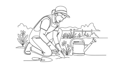 Gardener Line Art — Person Kneeling to Plant or Water Flowers with Trowel and Watering Can, Minimal Garden Vector Illustration