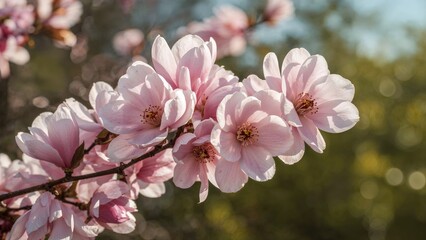 Fototapeta premium Magnolia pink blossom tree flowers, close up branch, outdoor.