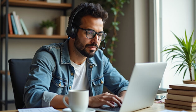 Working from home, man types on laptop in home office. Working from home includes typing on portable computer with headset, eyeglasses, denim shirt, coffee cup and plant. - Powered by Adobe