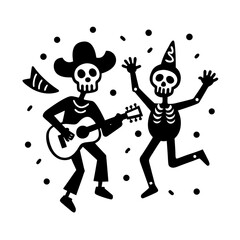 happy skeletons celebrating with guitars confetti vector art