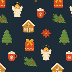 Naklejka premium New Year's pattern. Poinsettia, angel, holly, gingerbread house